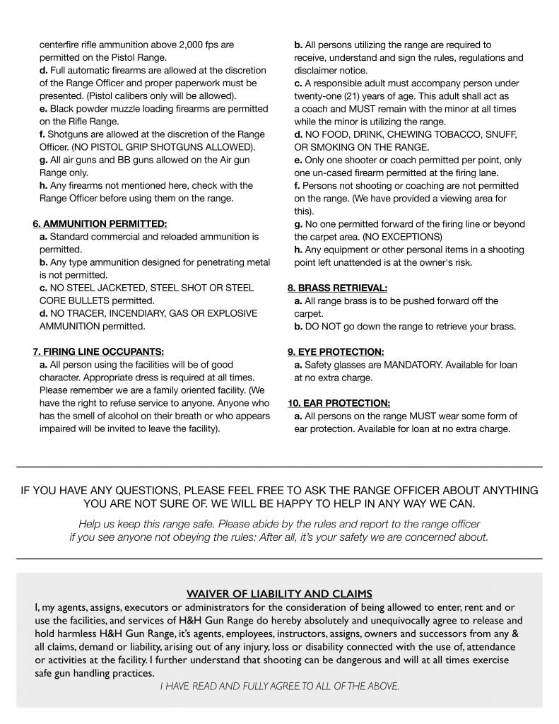 H&H Shooting Sports Gun Range Rules and Regulations